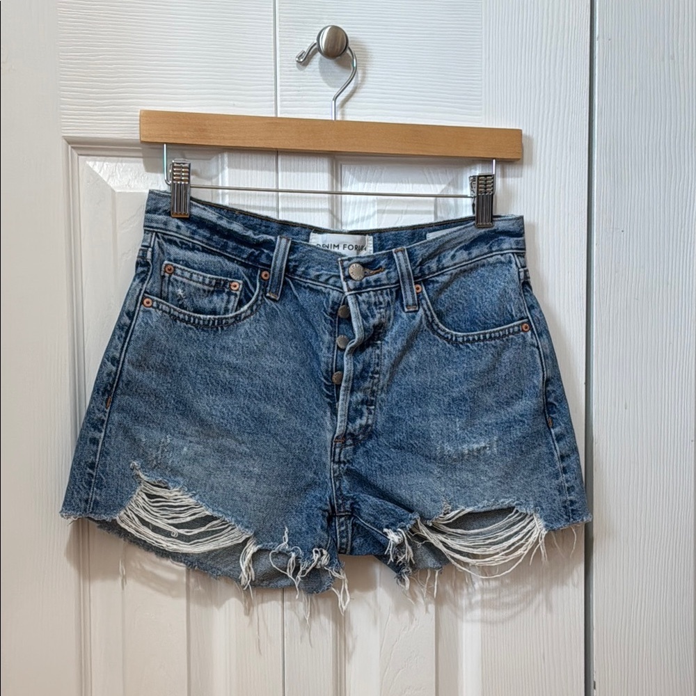 Denim Forum The Ex BF Hi-Rise Short Blue Distressed Women Shorts